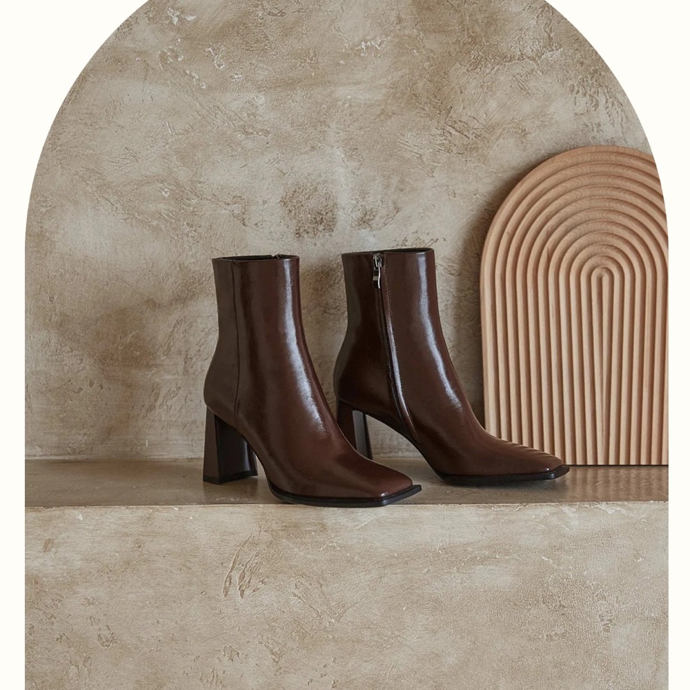 Brown Leather Square Toe Booties